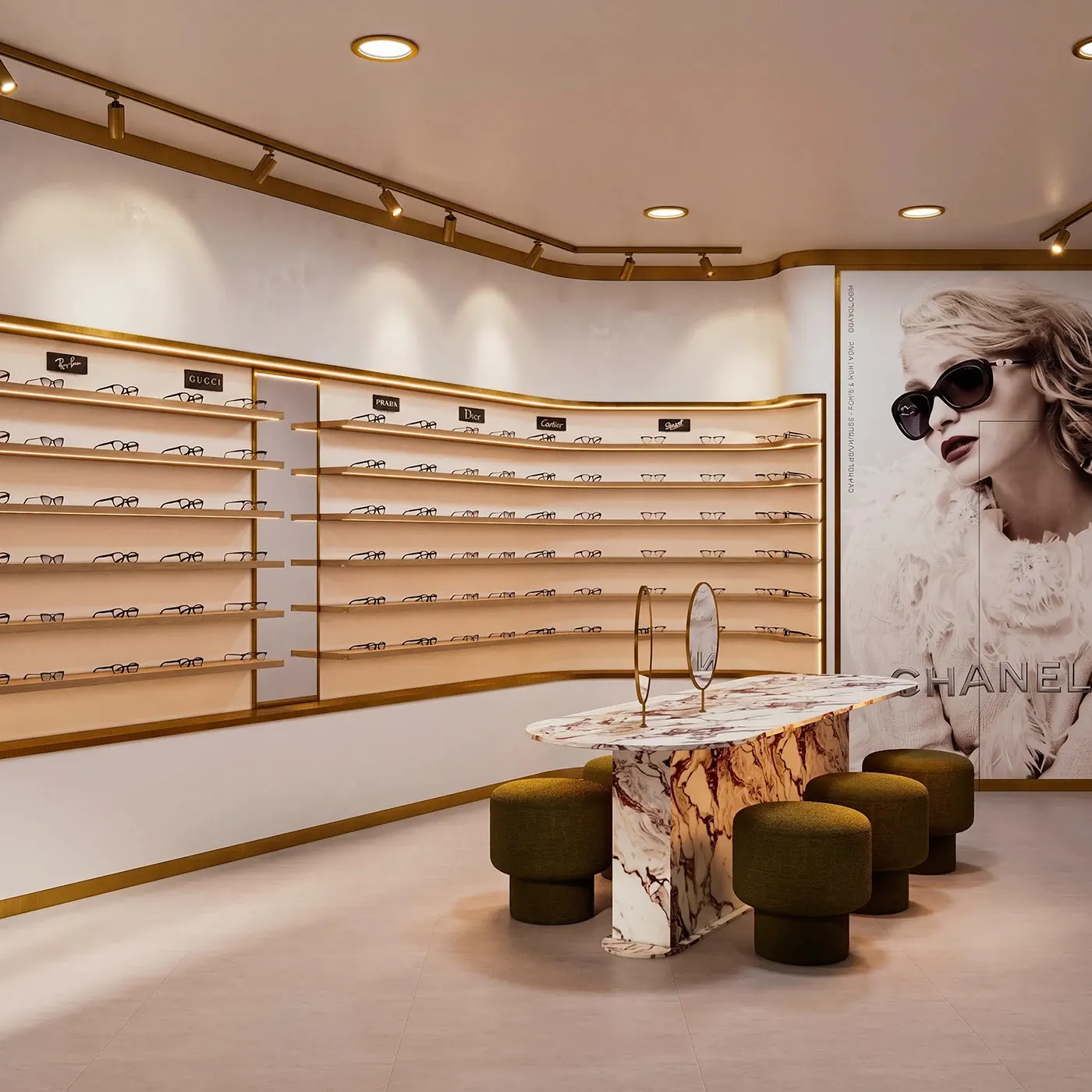 Cream Gold Luxury Sunglasses Boutique full optical store interior