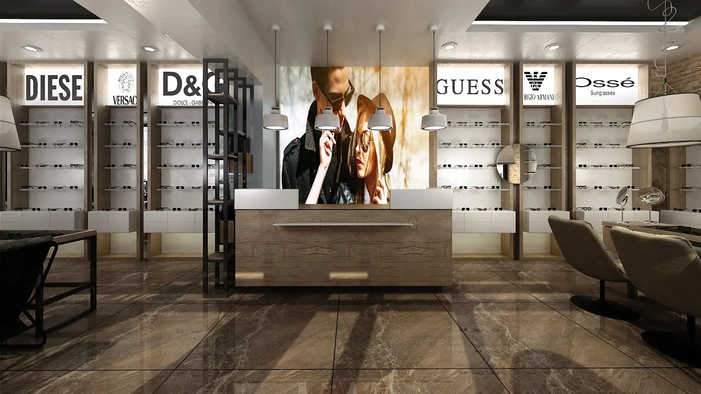 Dark Luxury Multi-Brand Optical Lounge full optical store interior
