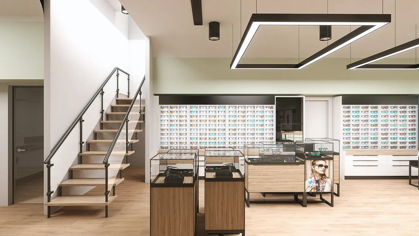 Modern Duplex Optical Flagship Store full optical store interior