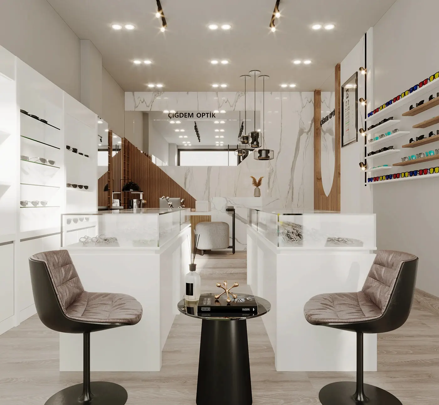 White Marble Wood Optical Boutique full optical store interior