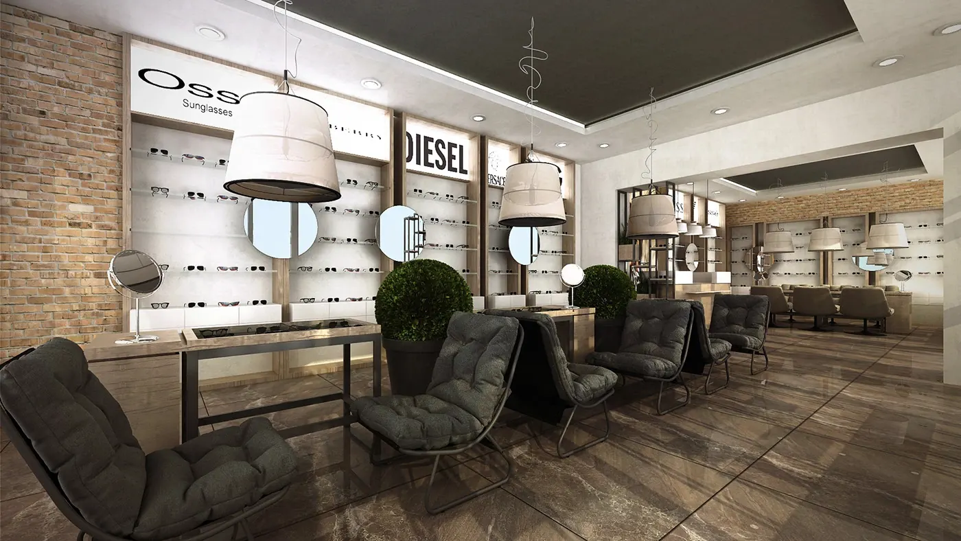 Dark Luxury Multi-Brand Optical Lounge fixture detail