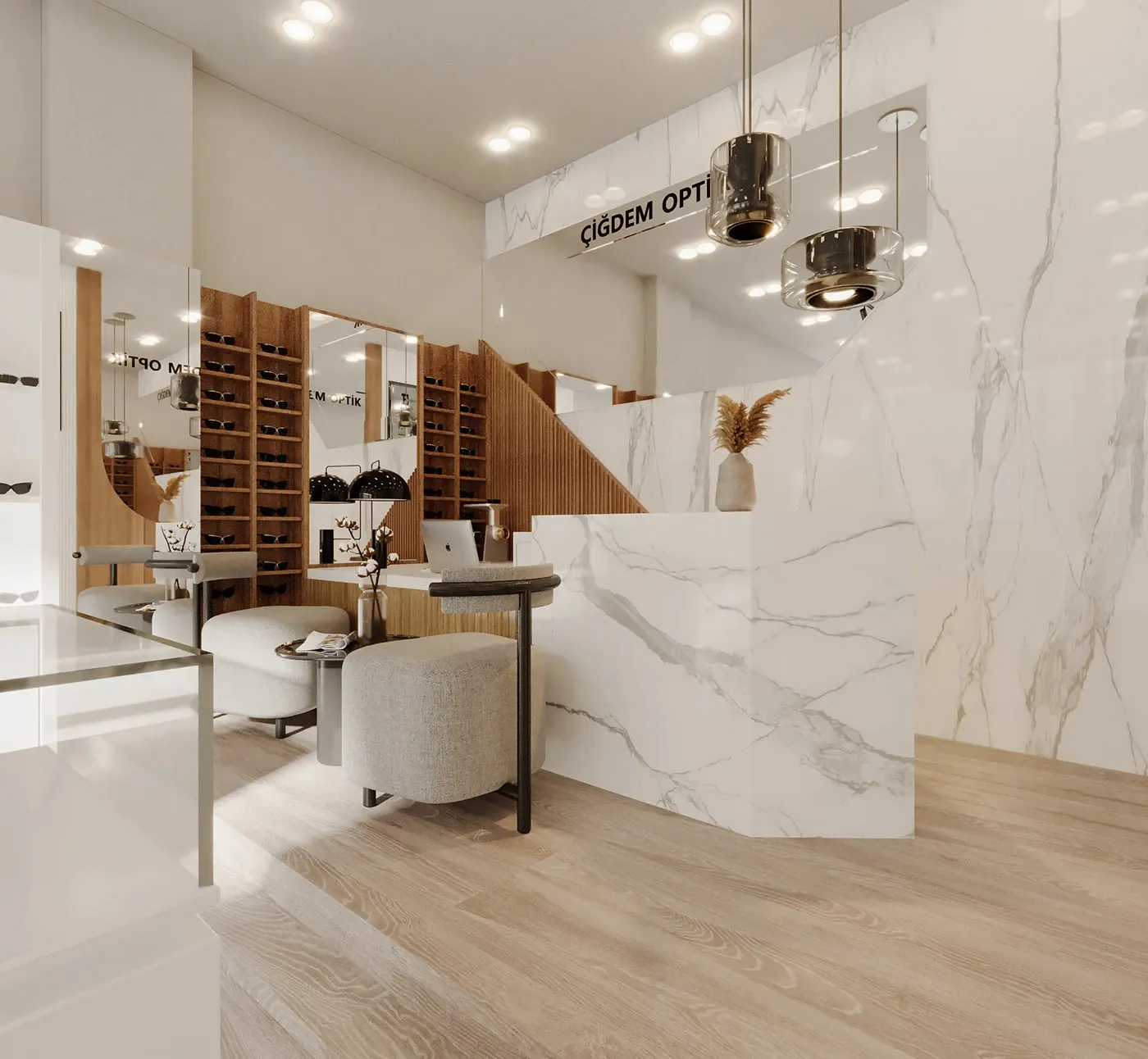 White Marble Wood Optical Boutique fixture detail