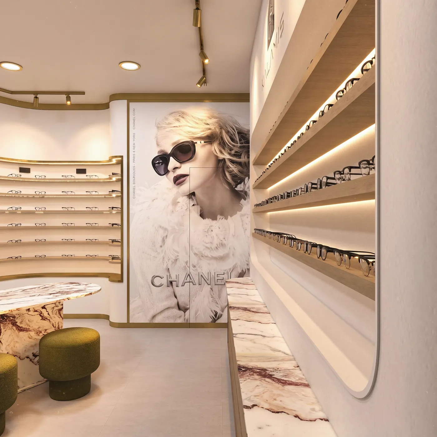 Cream Gold Luxury Sunglasses Boutique optical shop fixture view