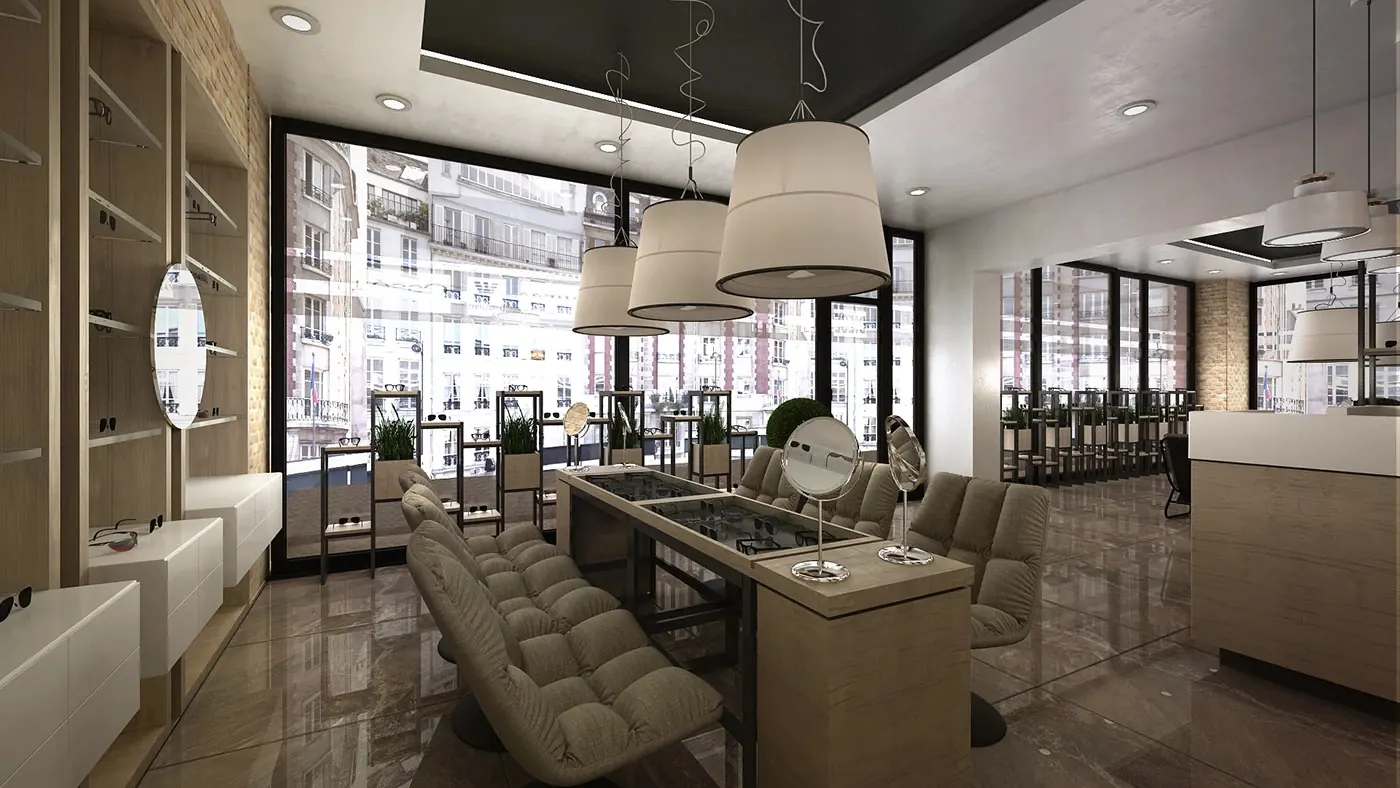 Dark Luxury Multi-Brand Optical Lounge optical shop fixture view