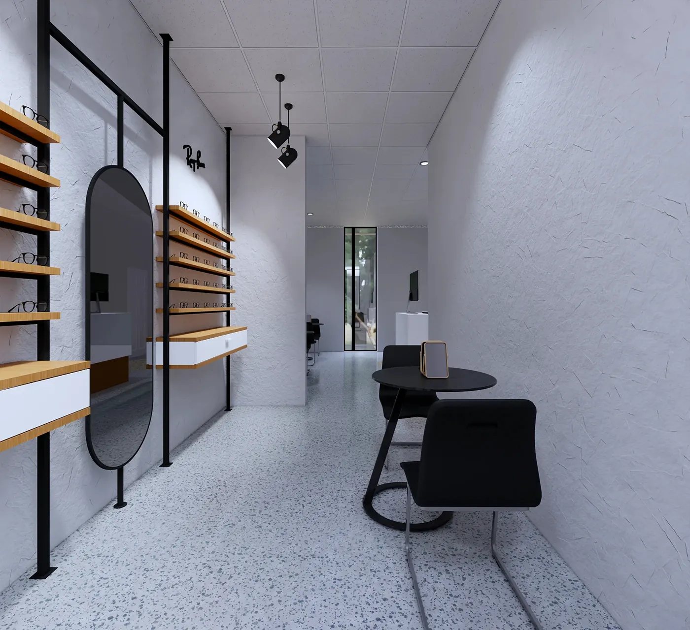 Warm Modern Optical Consultation Store optical shop fixture view
