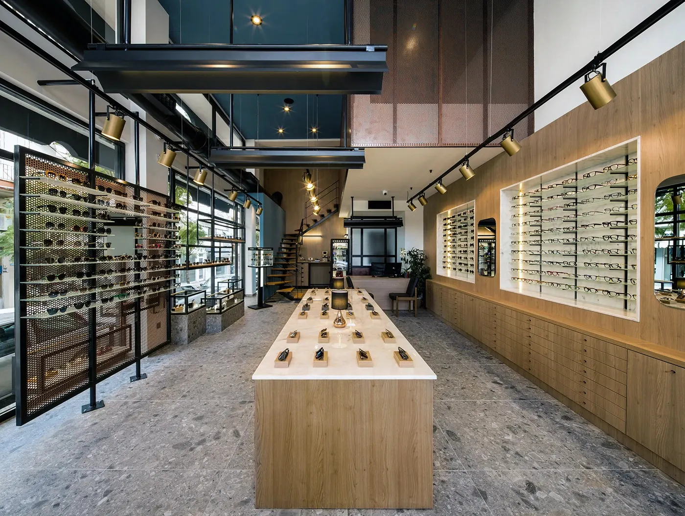 Warm Wood Industrial Optical Boutique full optical store interior