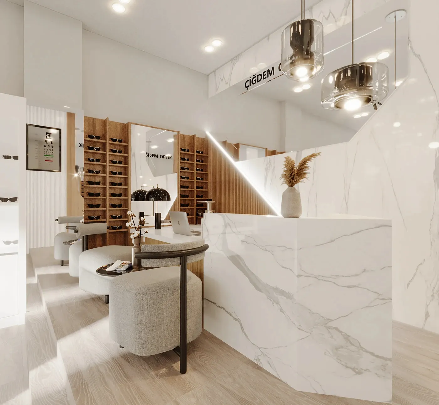 White Marble Wood Optical Boutique optical shop fixture view