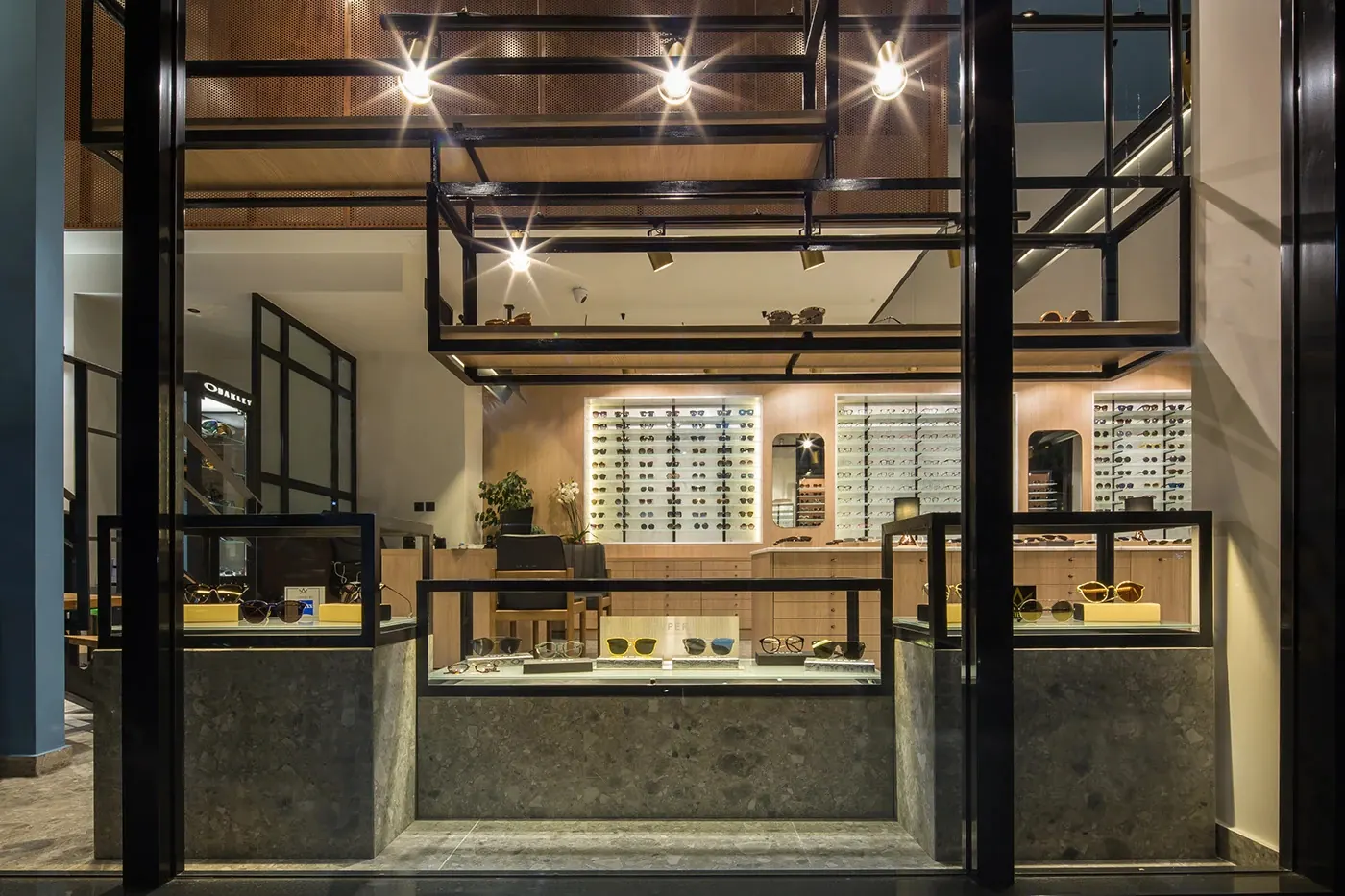 Warm Wood Industrial Optical Boutique feature display