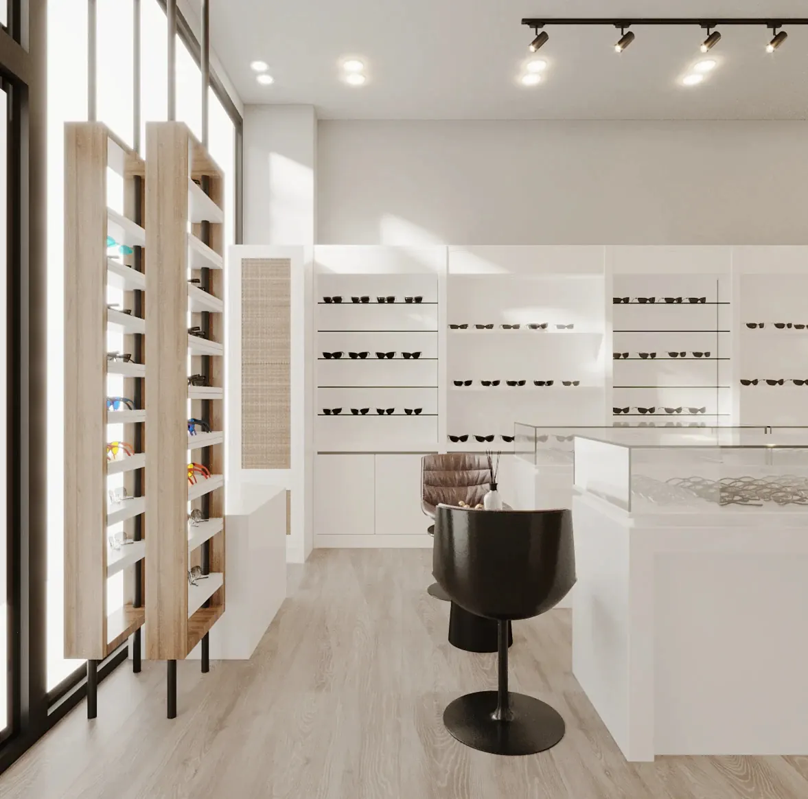 White Marble Wood Optical Boutique feature display