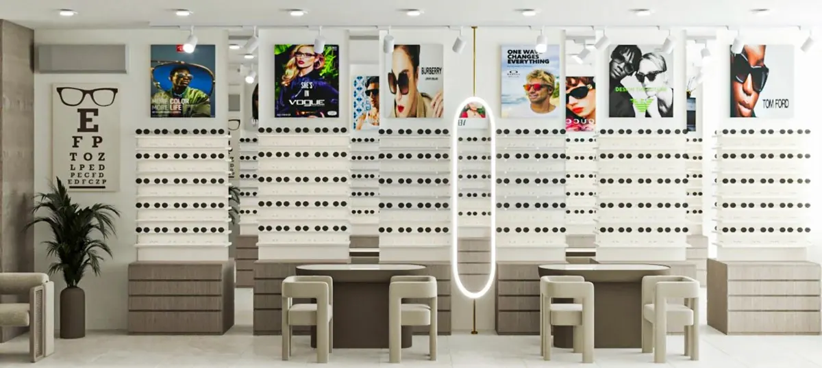 Compact Bright Optical Retail Store optical shop fixture view