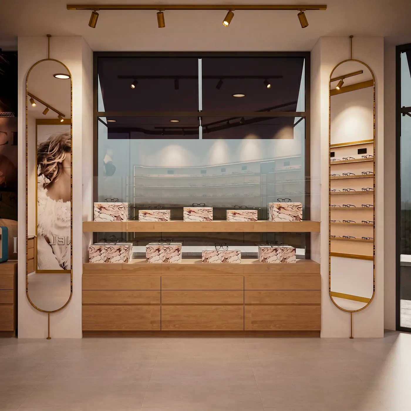 Cream Gold Luxury Sunglasses Boutique optical shop fixture view