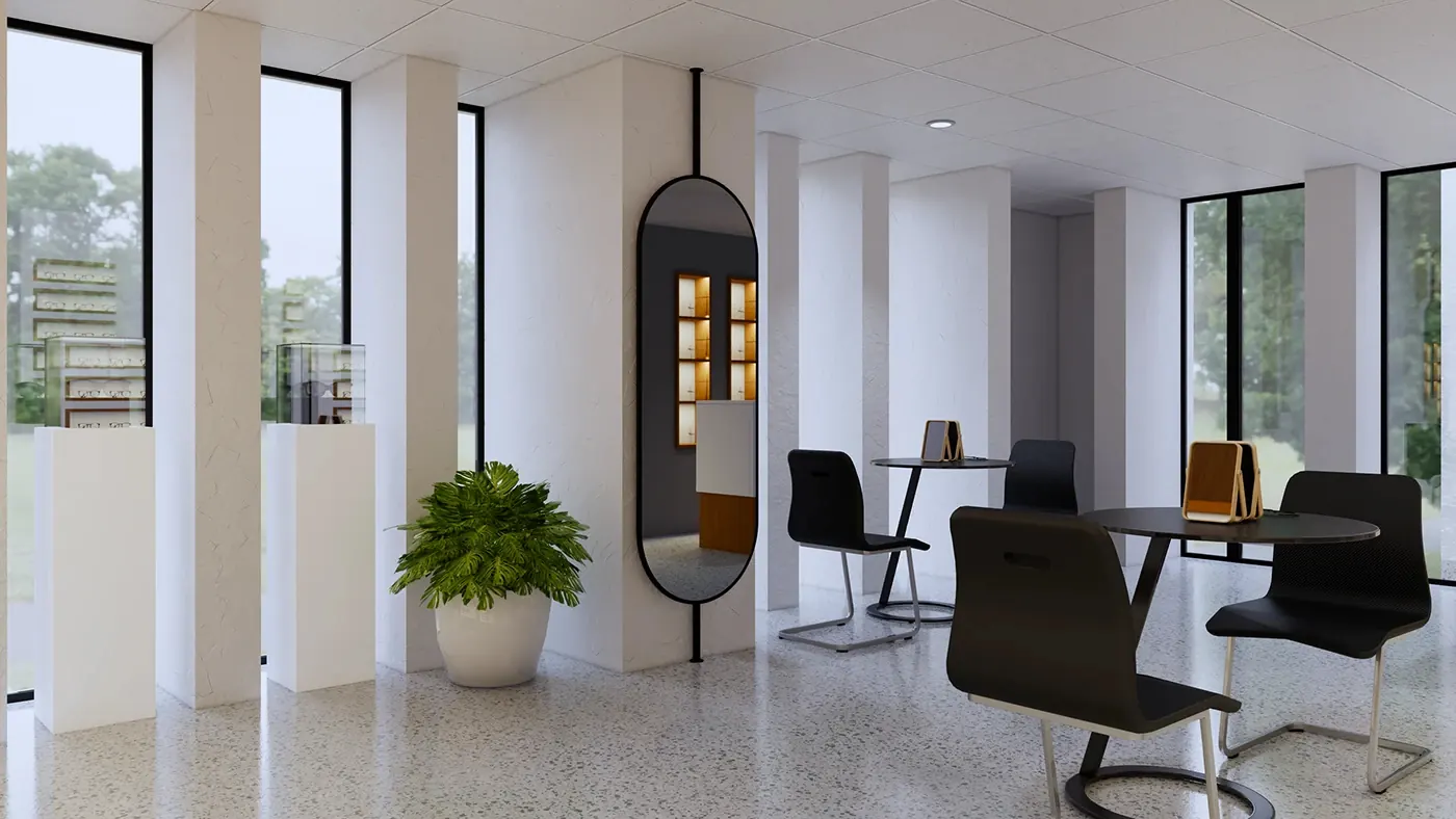 Warm Modern Optical Consultation Store optical shop fixture view