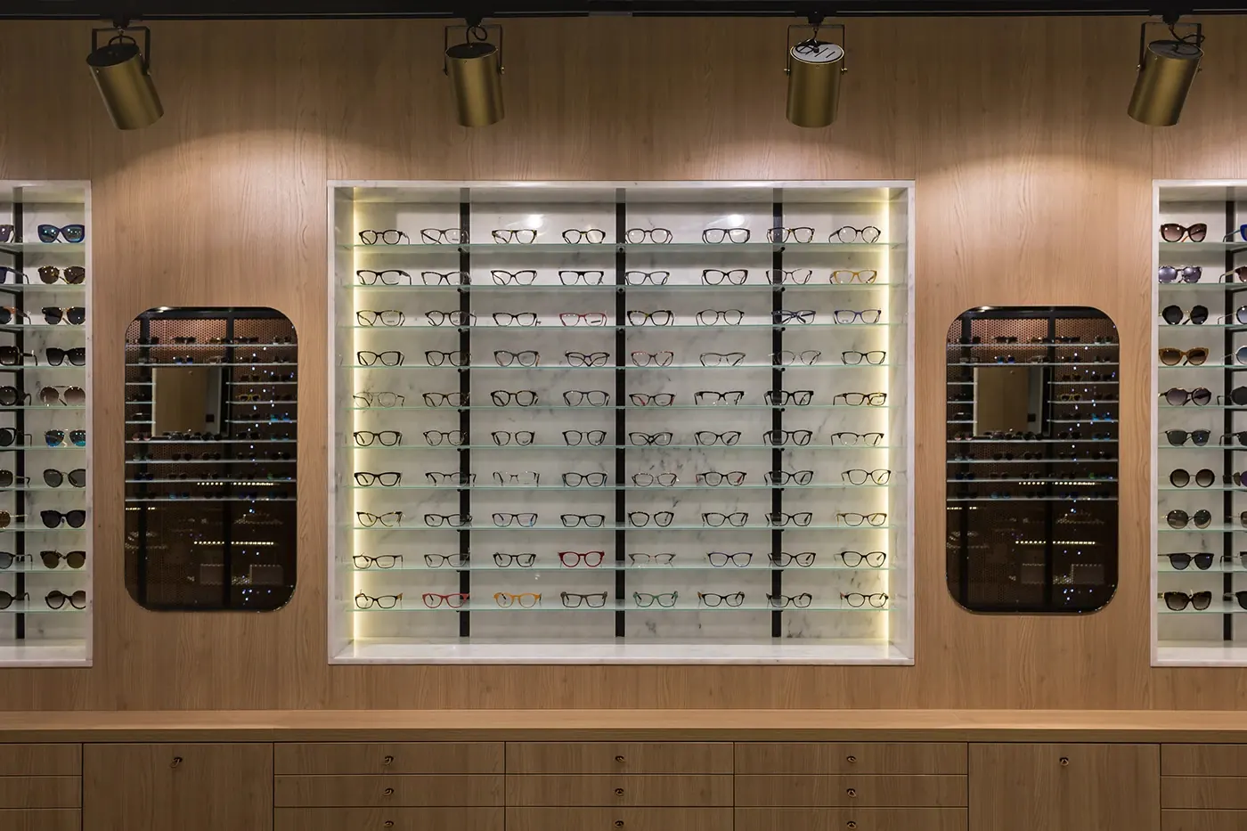 Warm Wood Industrial Optical Boutique optical shop fixture view
