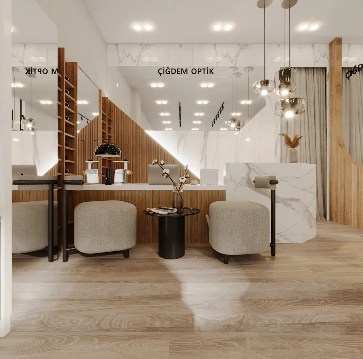 White Marble Wood Optical Boutique optical shop fixture view